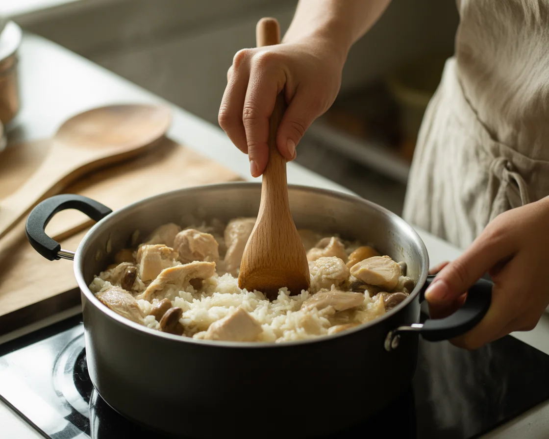 A hands shaking the chicken and rice in ceramic casserole