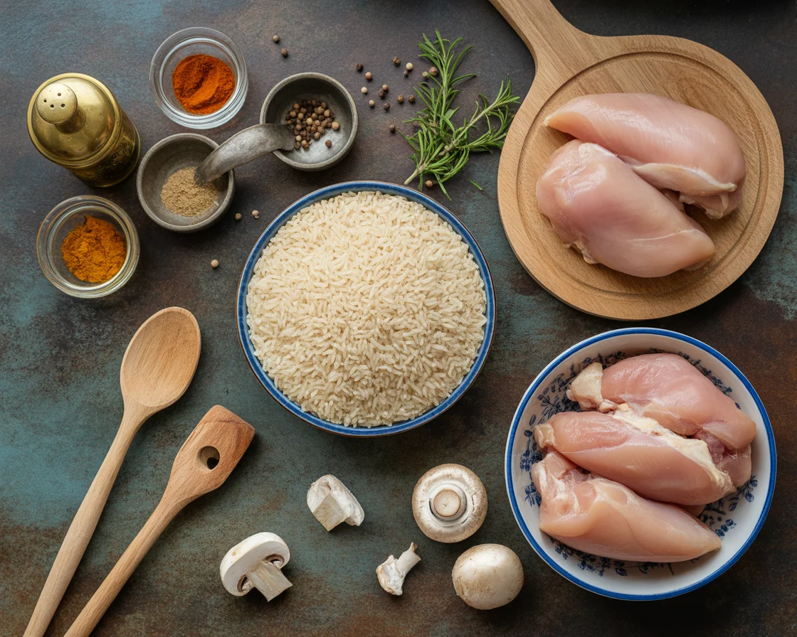A head-shot showing the Ingredients of Stick of Butter Chicken Rice recipe