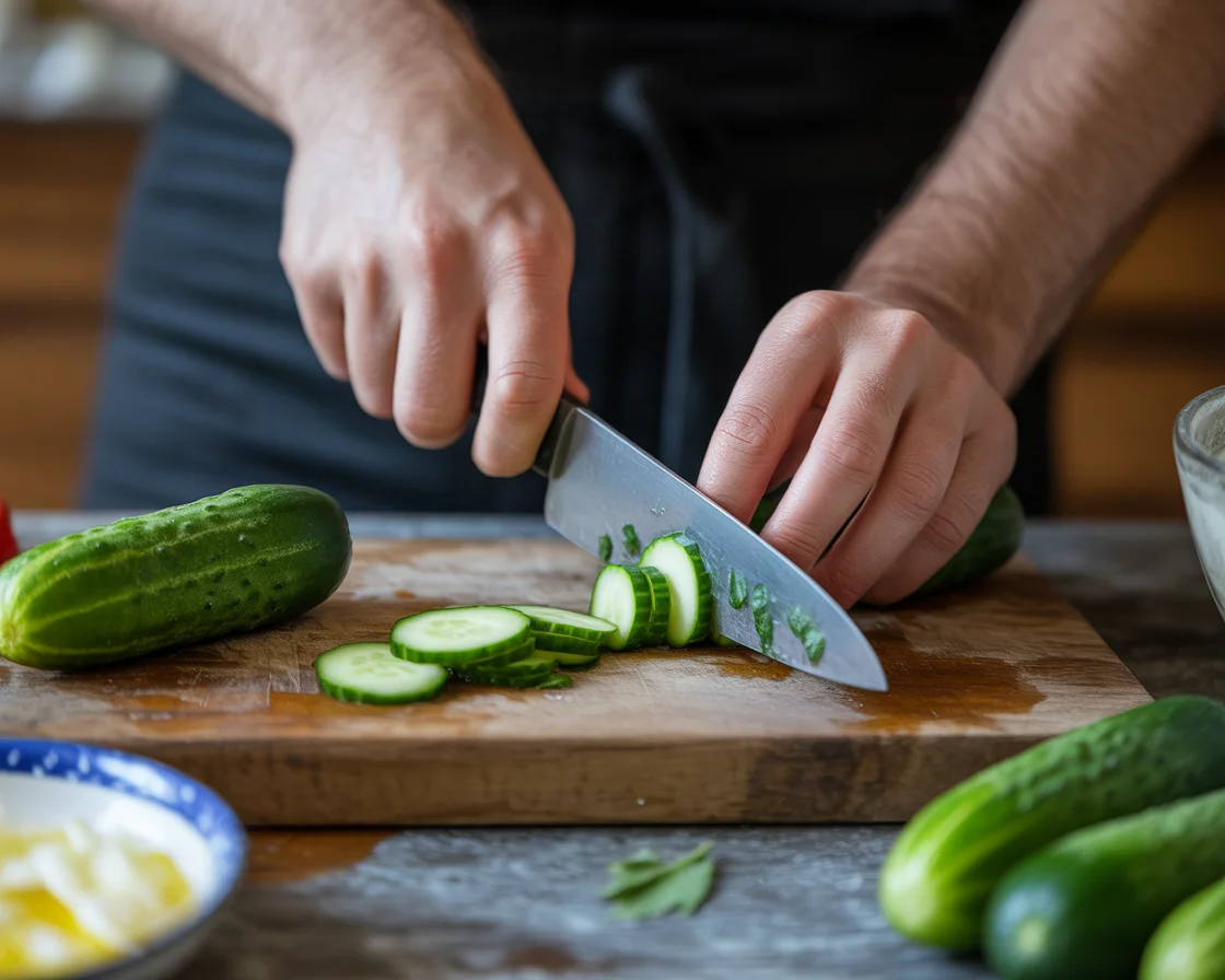 A hands cutting Cucumbers on a rustic wooden table