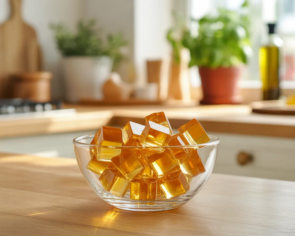 A Bowl full of Gelatin on a rustic wooden table in a modern kitchen