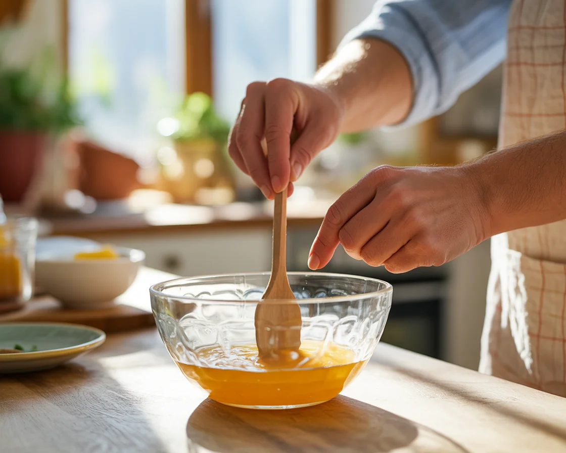 A hands mixing the ingredients for Gelatin Trick Recipe in a glass bowl, shaking it with a wooden spoon