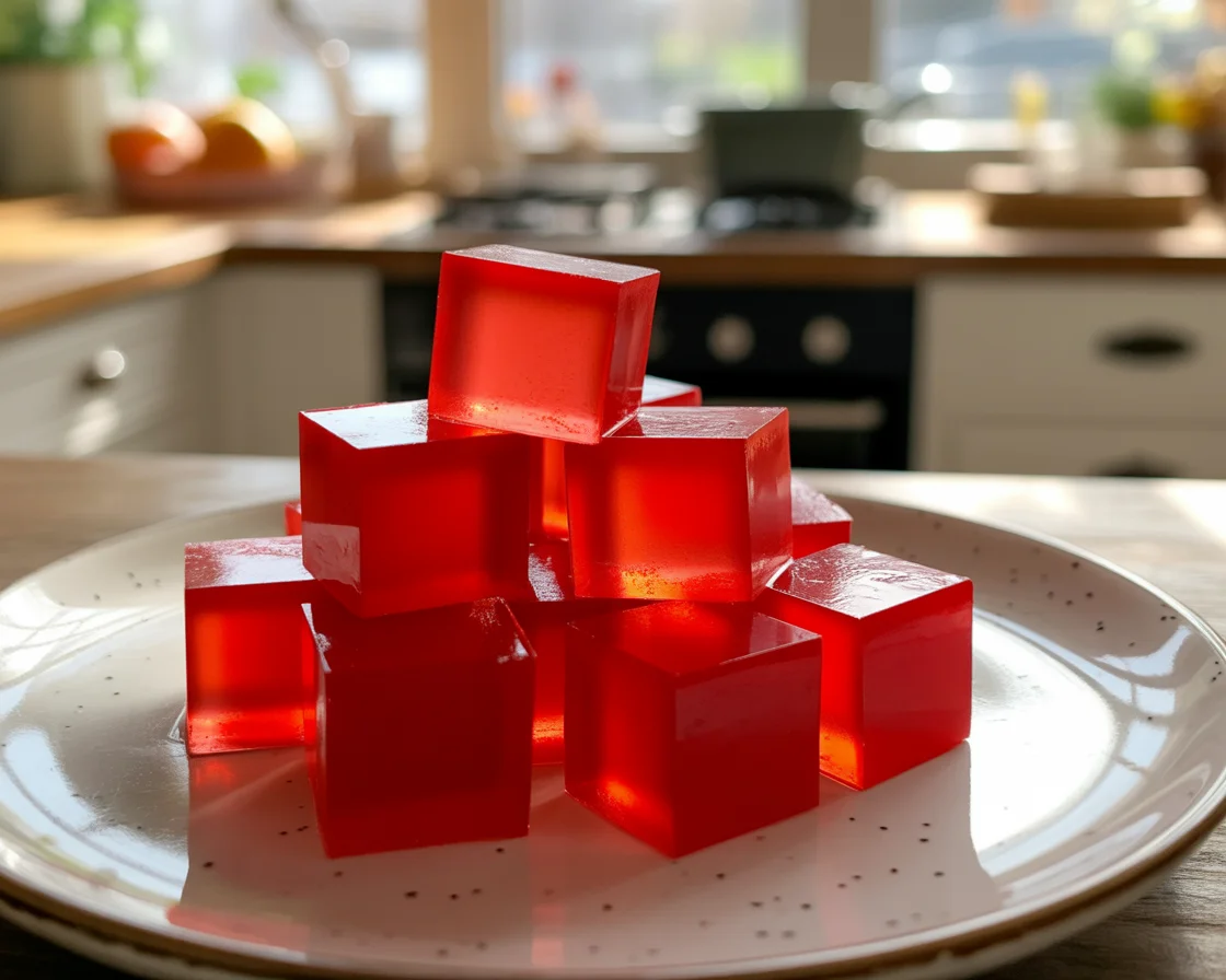 red gelatin trick cubes on a white plate