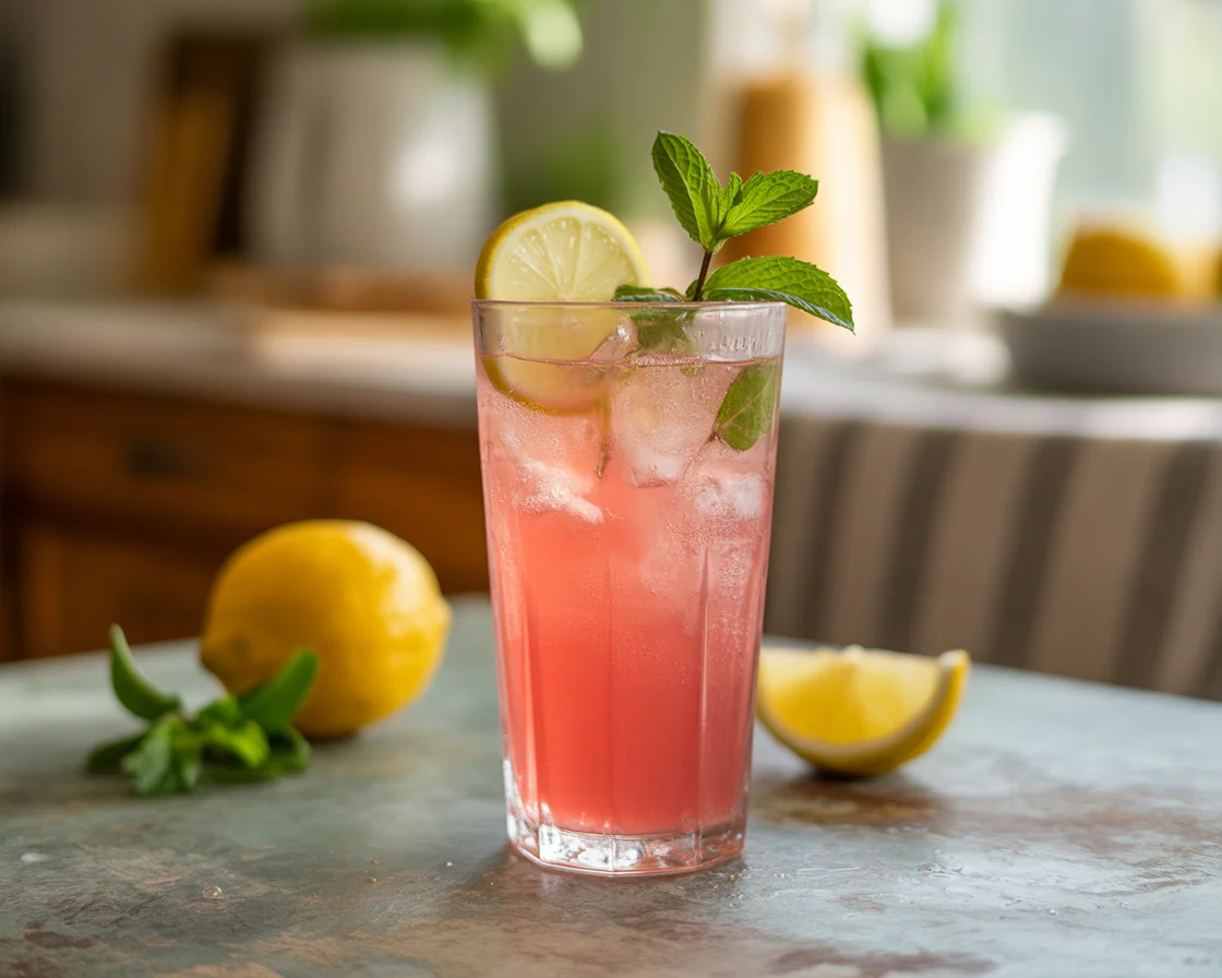 a refreshing glass of a Pink Salt Trick drink with a slice of lemon and mint at the top for Women weight loss