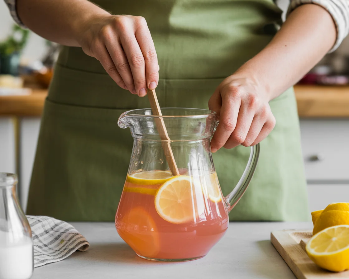 a hand shaking the ingredients of the Pink Salt Trick Recipe on a glass bowl with wooden spoon