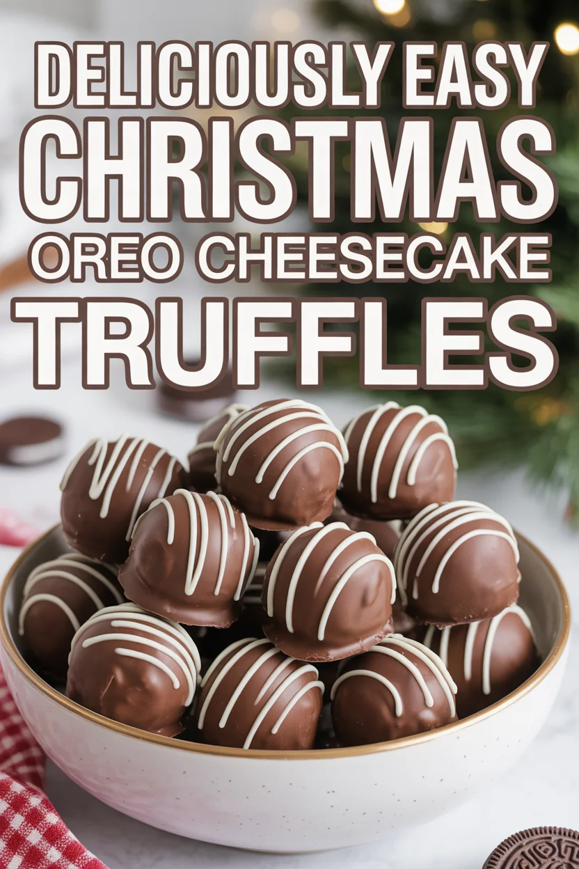 A pinterest style image of a Deliciously Easy Christmas Oreo Cheesecake Truffles on a ceramic bowl