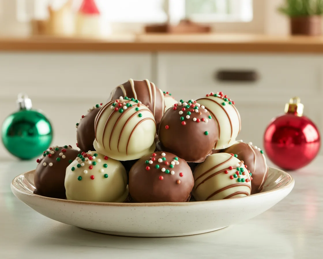 a Christmas Oreo Cheesecake Truffles in a white plate