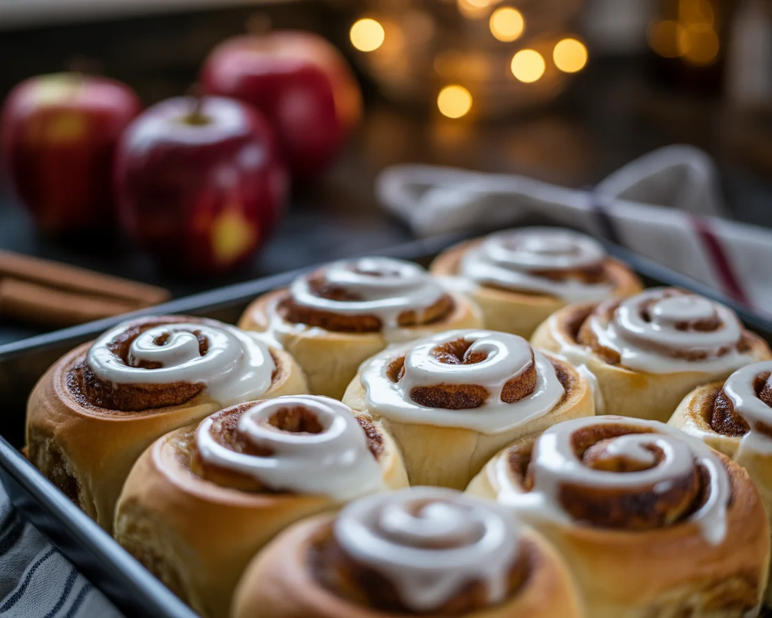 a christmas theme showing an Apple Pie Cinnamon Rolls