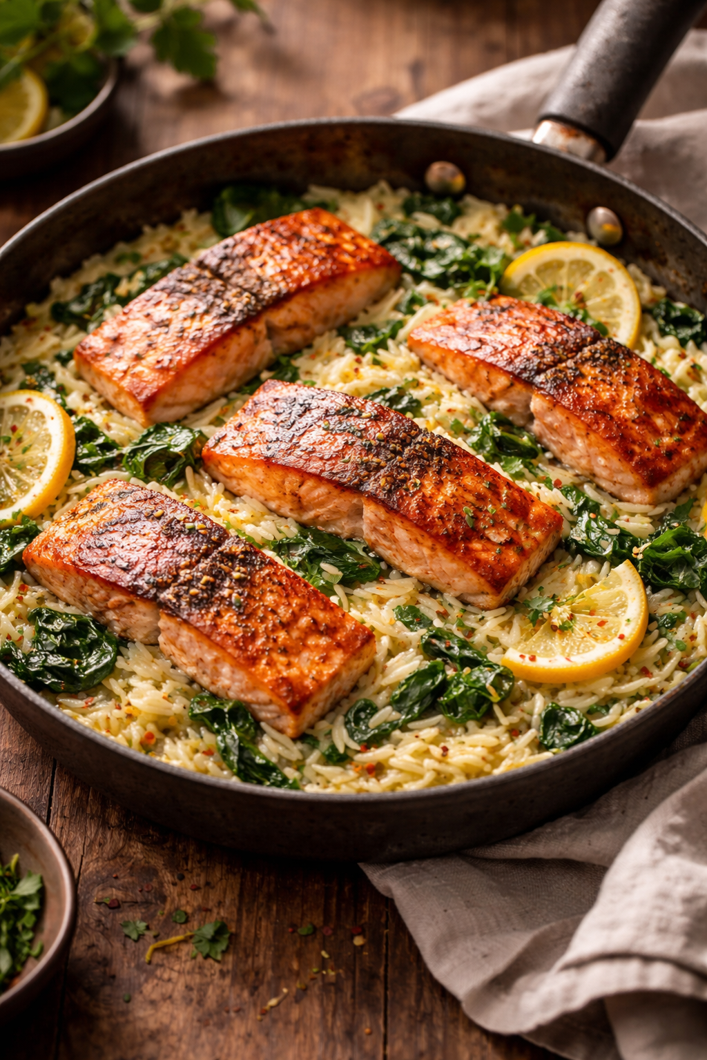 Pan-Seared Salmon with Lemony Orzo