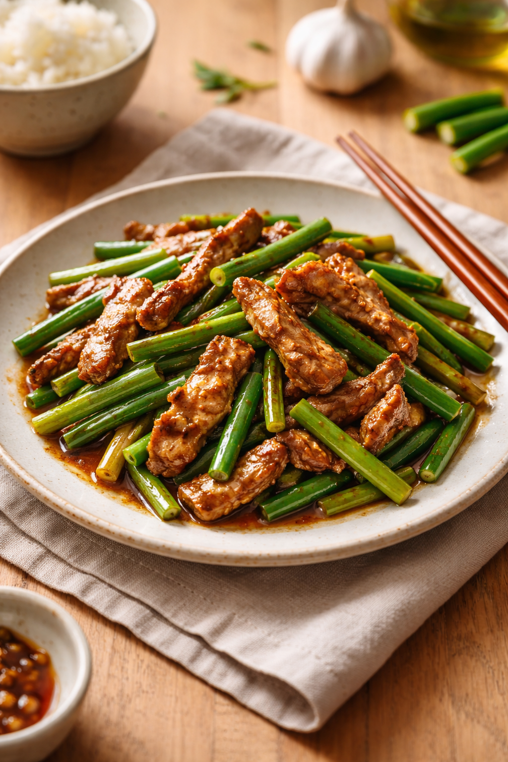 Garlic Scape Stir Fry with Pork