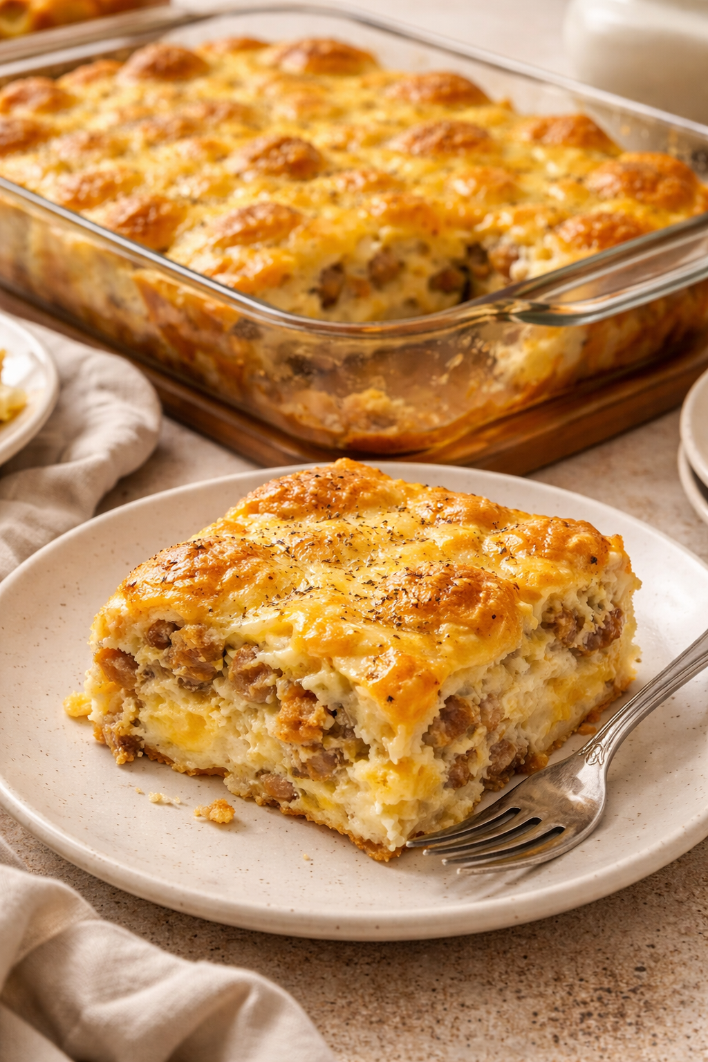 Biscuits and Gravy with Eggs and Sausage Breakfast Casserole