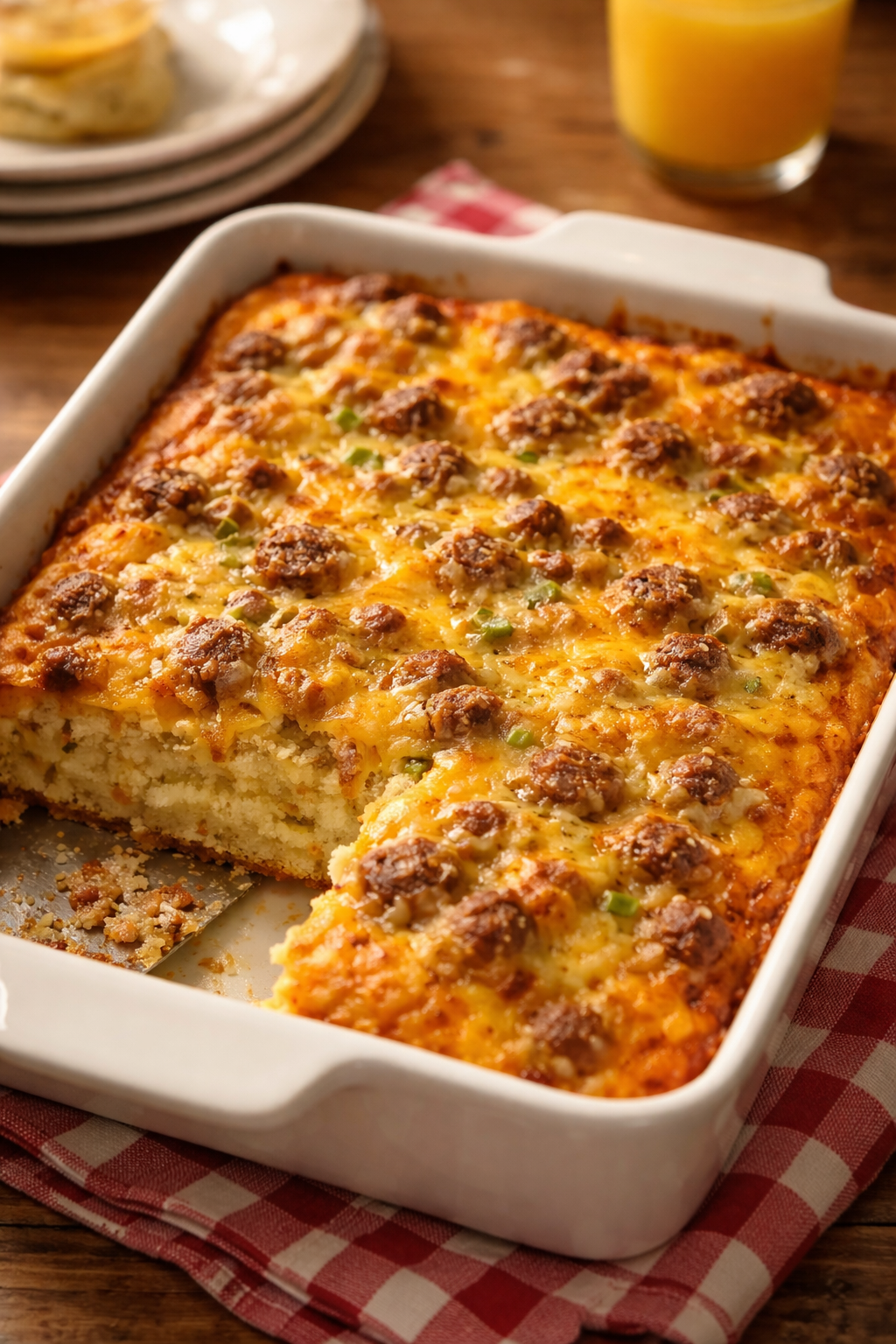 Sausage, Egg and Cheese Breakfast Casserole with Biscuits