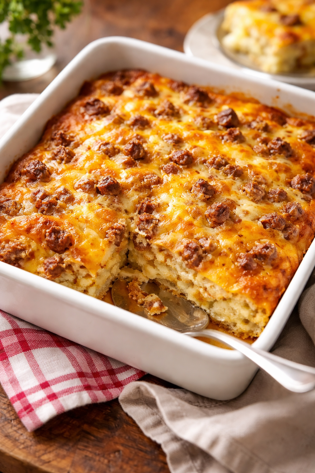 Sausage, Egg and Cheese Breakfast Casserole with Biscuits