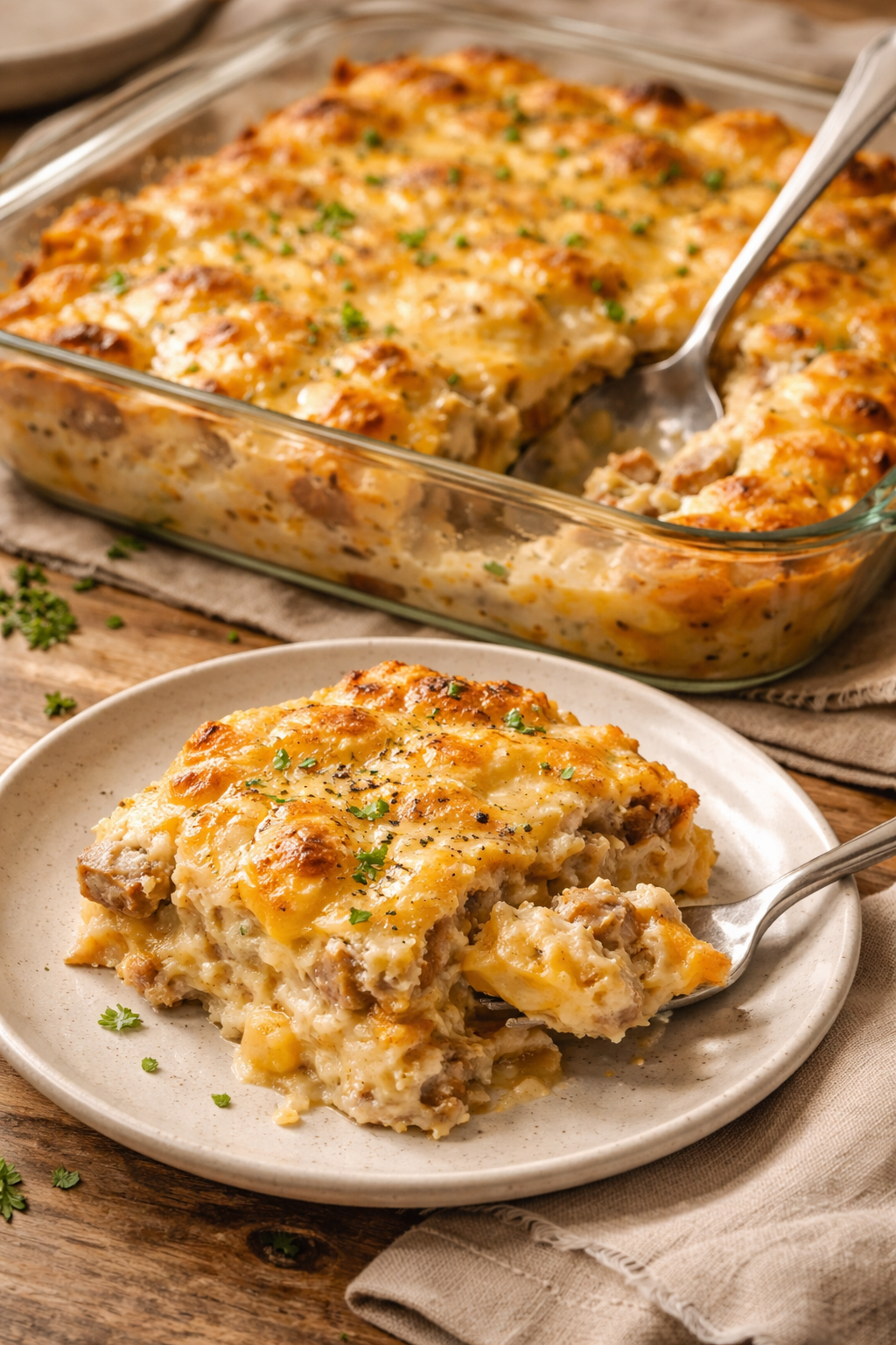 Biscuits and Gravy with Eggs and Sausage Breakfast Casserole