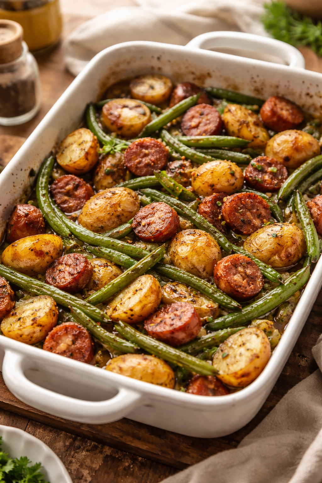 One Pan Sausage, Green Beans, and Potatoes