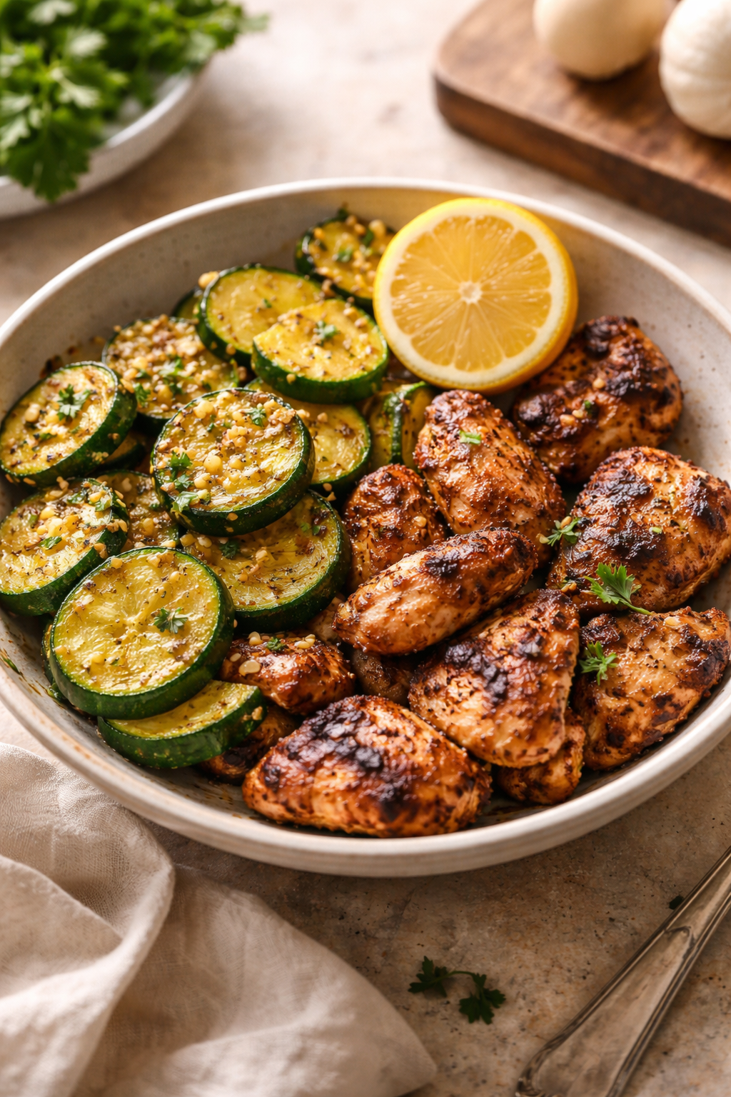 Easy Asado Chicken with Lemon Zucchini Sauté