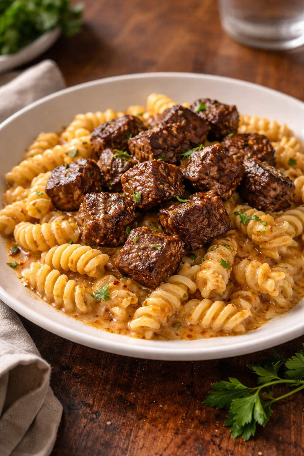 Creamy Garlic Butter Steak Bites with Spicy Cajun Alfredo Twisted Pasta