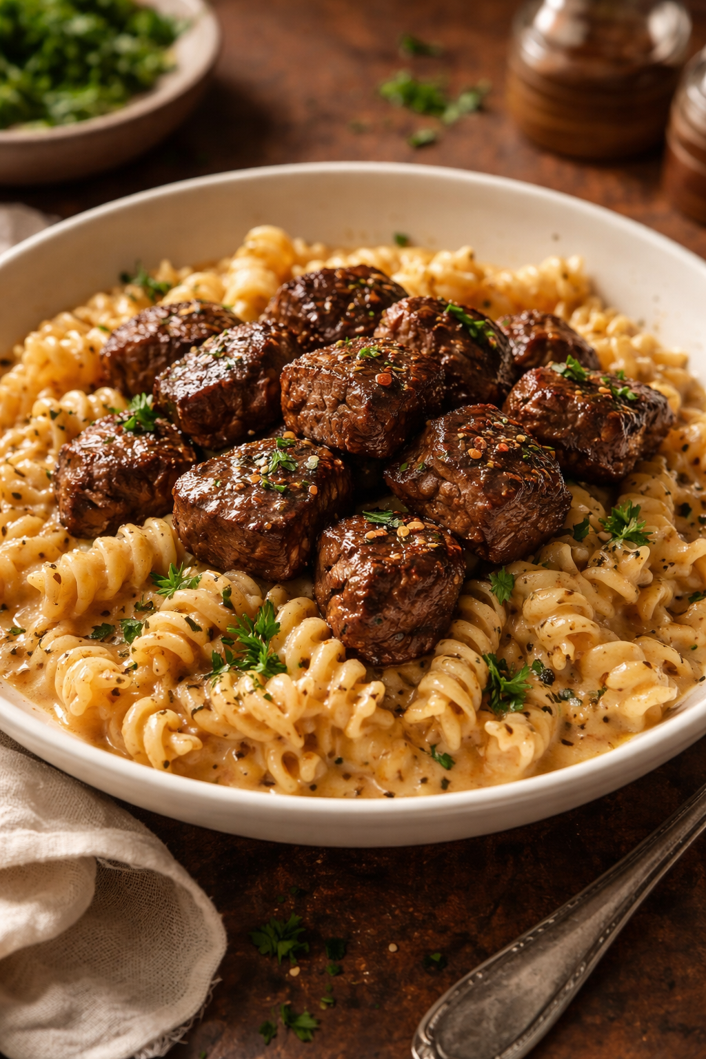 Creamy Garlic Butter Steak Bites with Spicy Cajun Alfredo Twisted Pasta