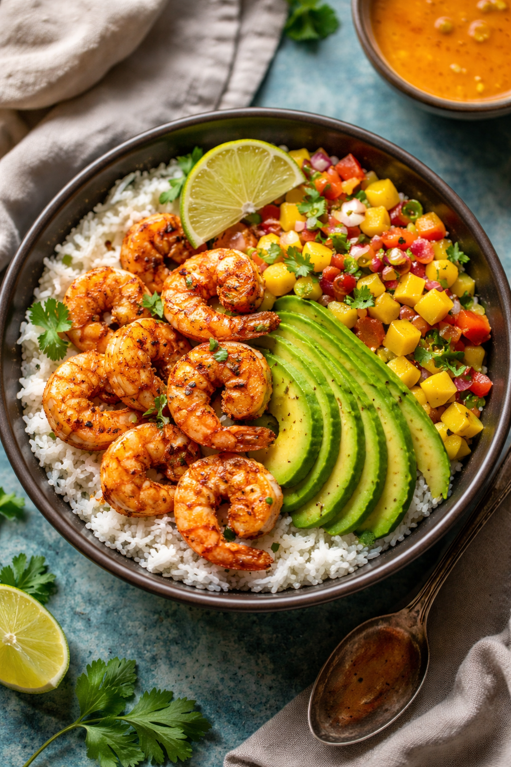 Shrimp and Avocado Bowls with Mango Salsa and Lime Chili Sauce