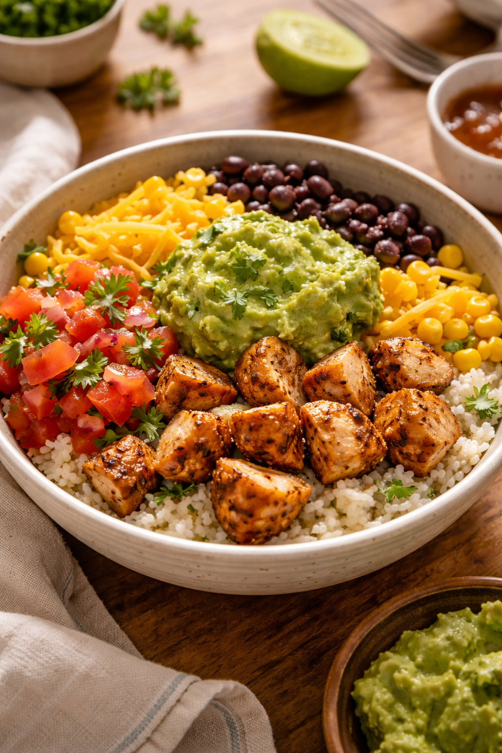 Grilled Chicken Burrito Bowl with Rice and Beans