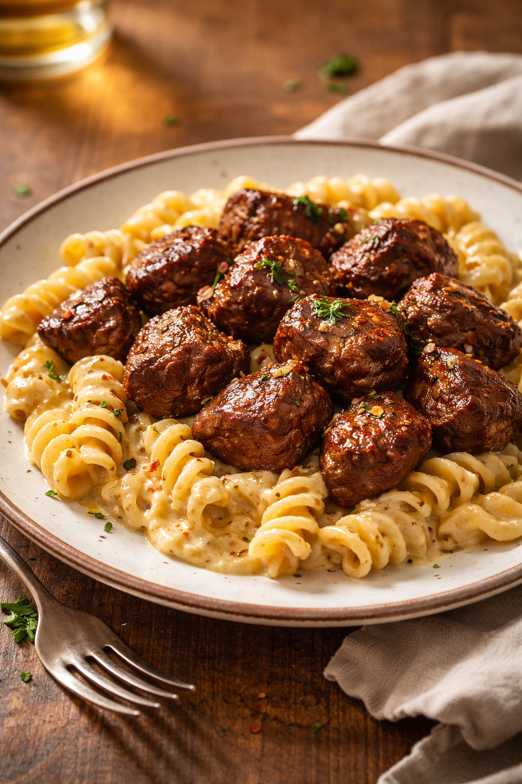 Creamy Garlic Butter Steak Bites with Spicy Cajun Alfredo Twisted Pasta