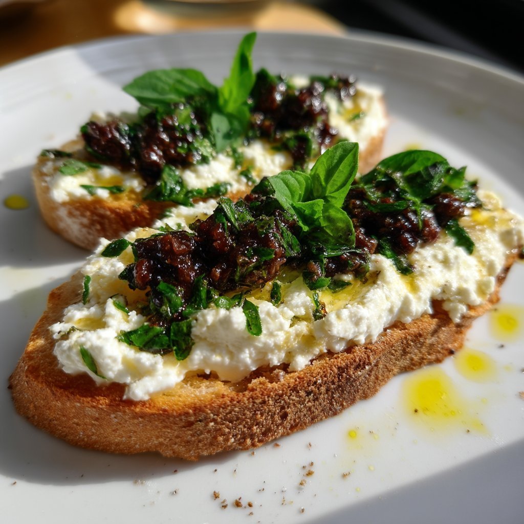 Savory Ricotta Toast with Olive Tapenade and Herbs