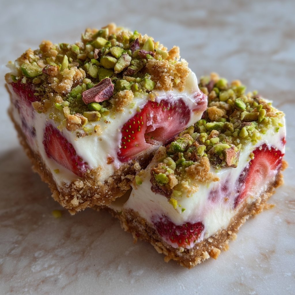 Strawberry Pistachio Mascarpone No-Bake Bars