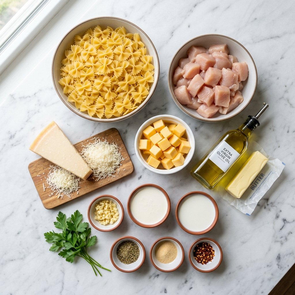 Garlic Butter Chicken Farfalle in Creamy Velveeta Parmesan Sauce