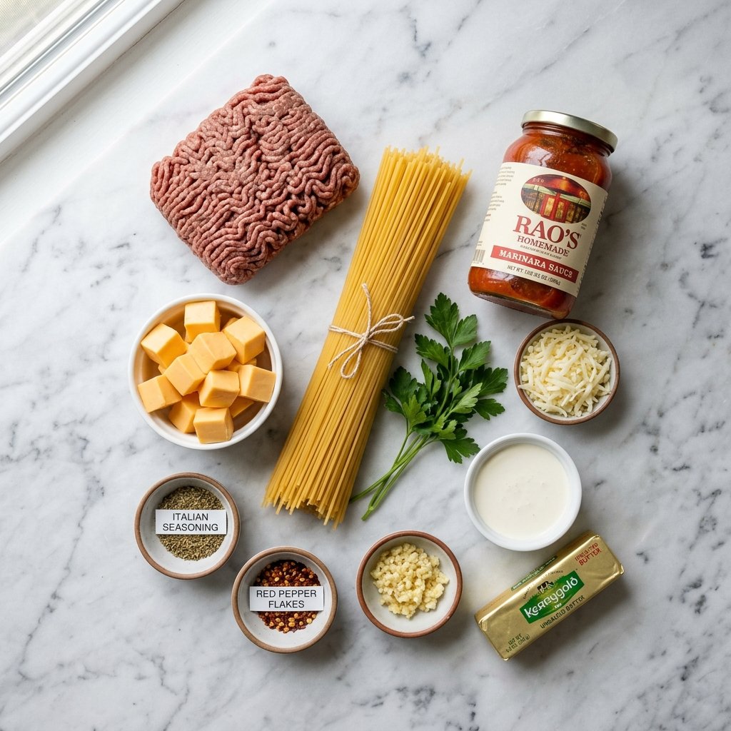 Creamy Velveeta Spaghetti with Cheesy Marinara & Ground Beef