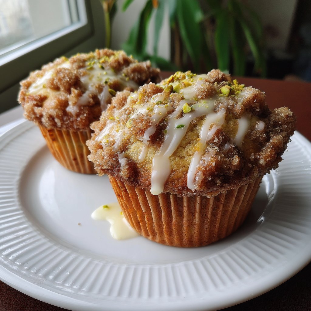Pistachio Crumb Muffins with Vanilla Glaze