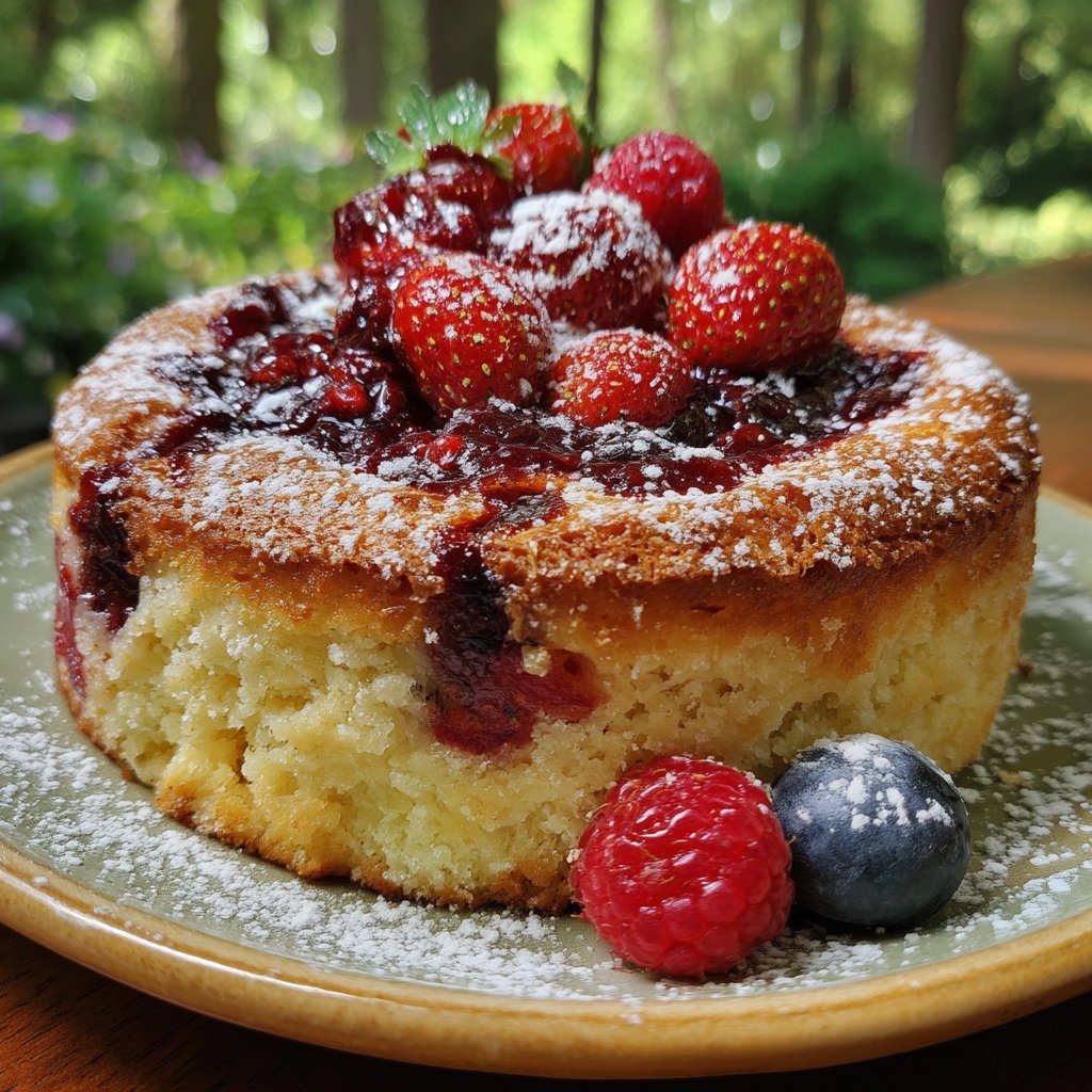 Vanilla Bean Pudding Cake with Jammy Berries