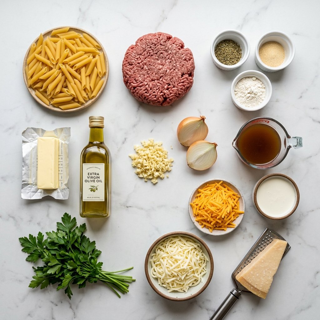 Cheesy Garlic Butter Beef Penne in Creamy Parmesan Sauce