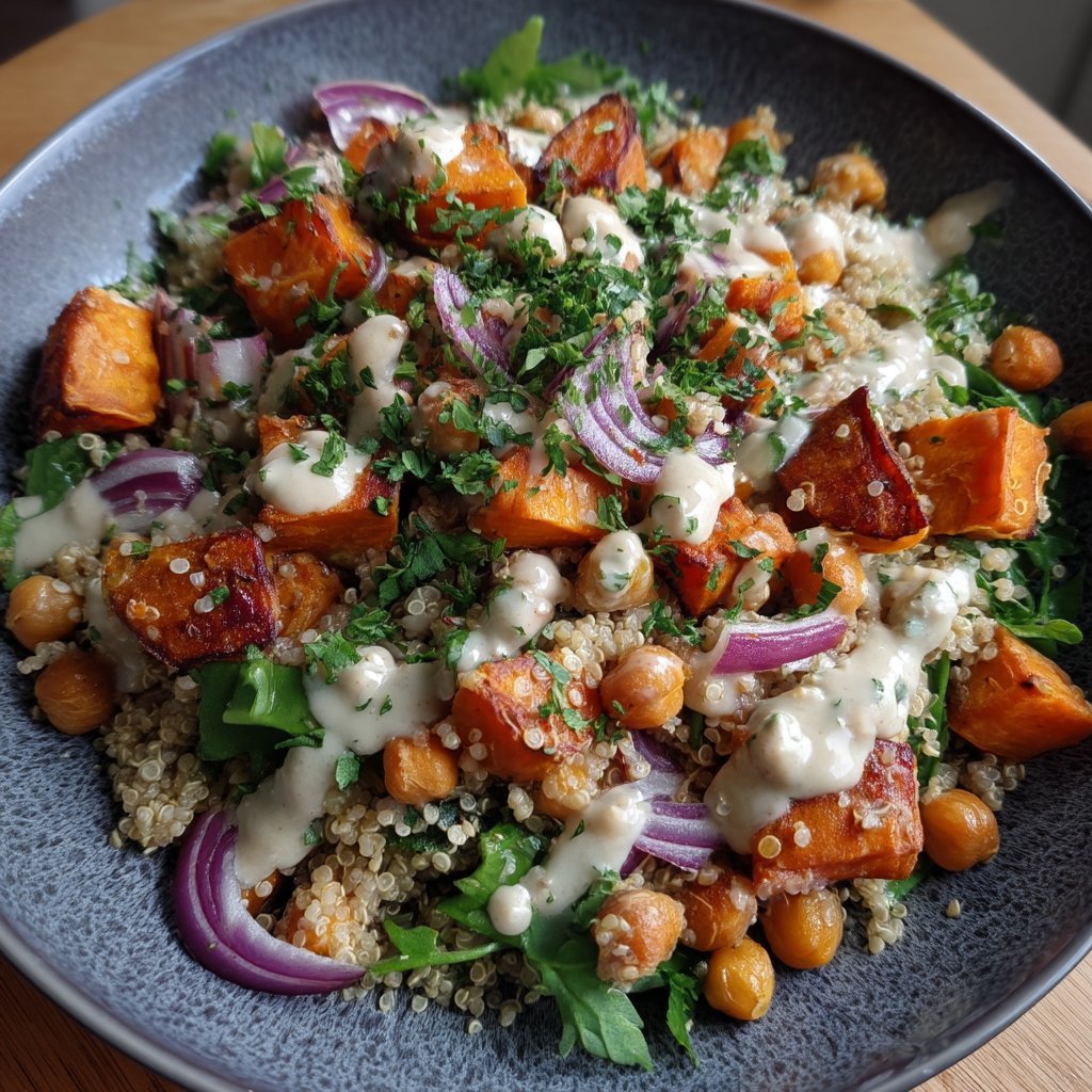 Roasted Sweet Potato & Quinoa Salad with Maple Tahini