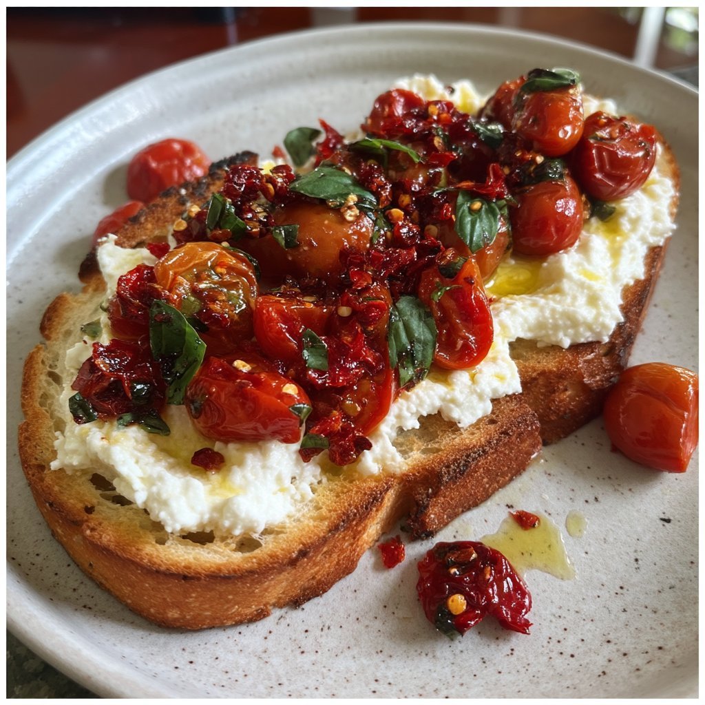 Savory Whipped Ricotta Toast with Chili Crisp Tomatoes