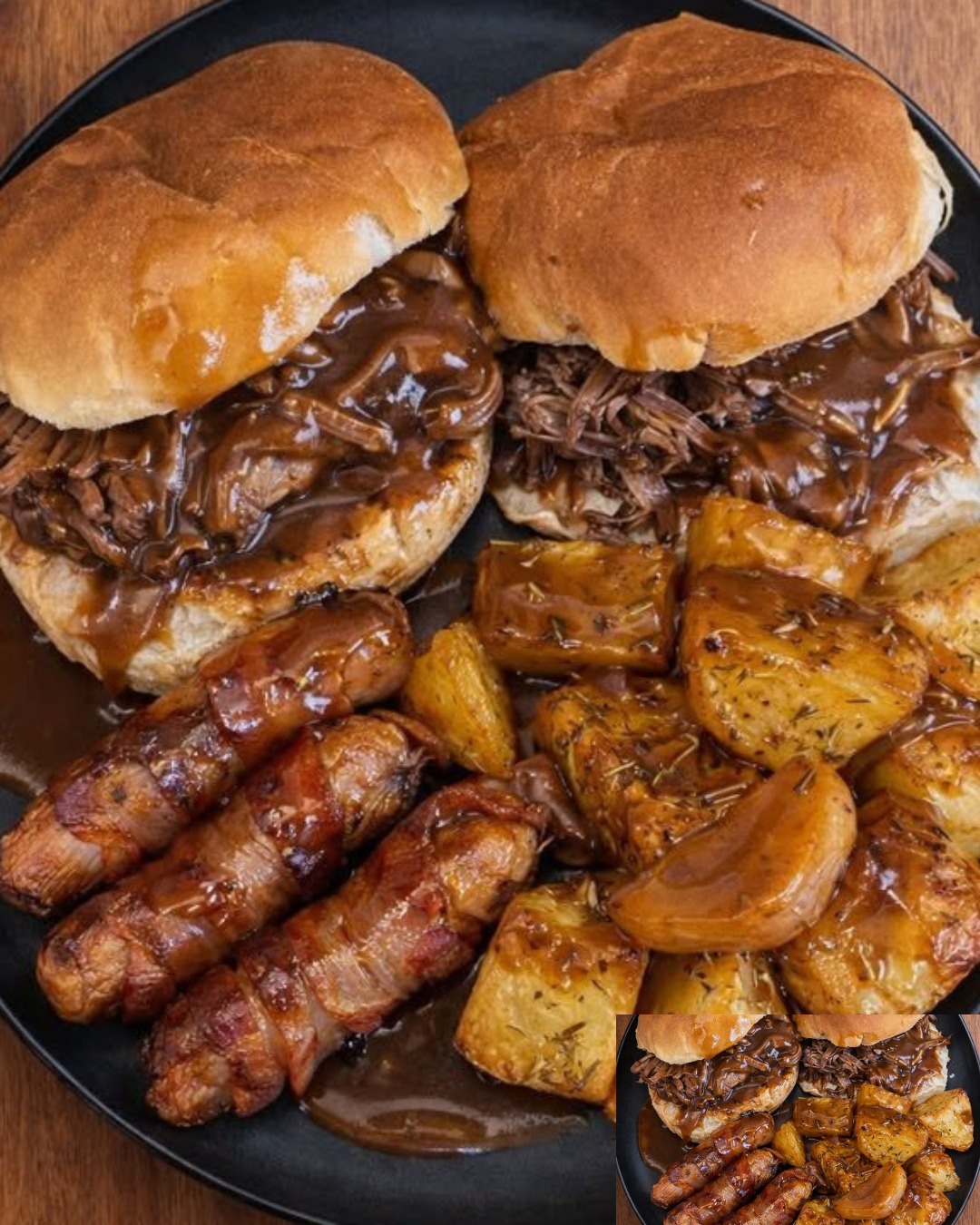 Slow Cooked Beef Buns with Roasties and Pigs in Blankets