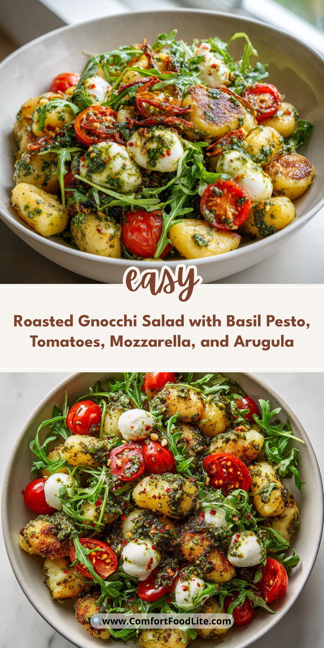 Roasted Gnocchi Salad with Basil Pesto, Tomatoes, Mozzarella, and Arugula