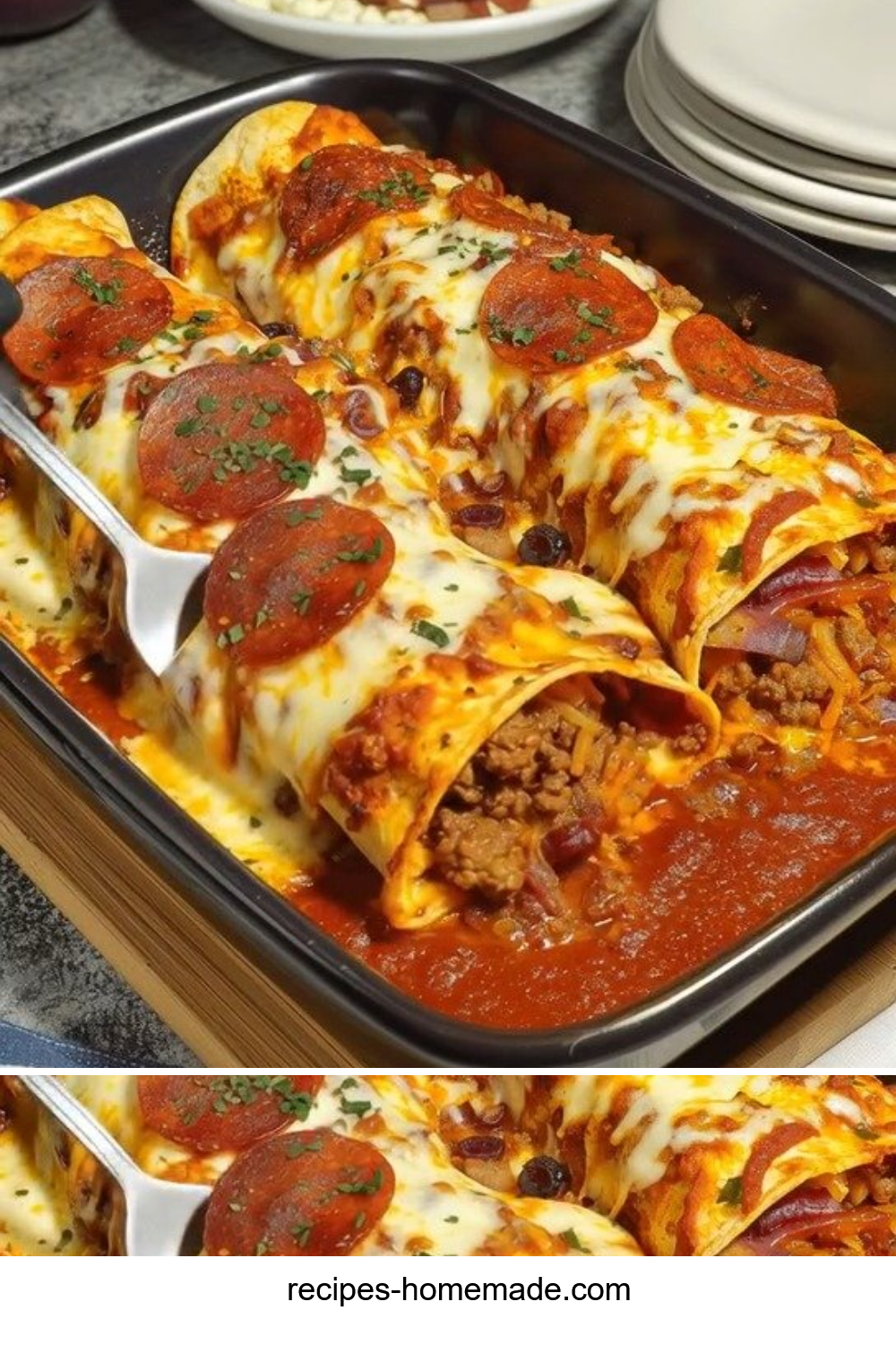 Pizza Enchiladas with Ground Beef & Pepperoni