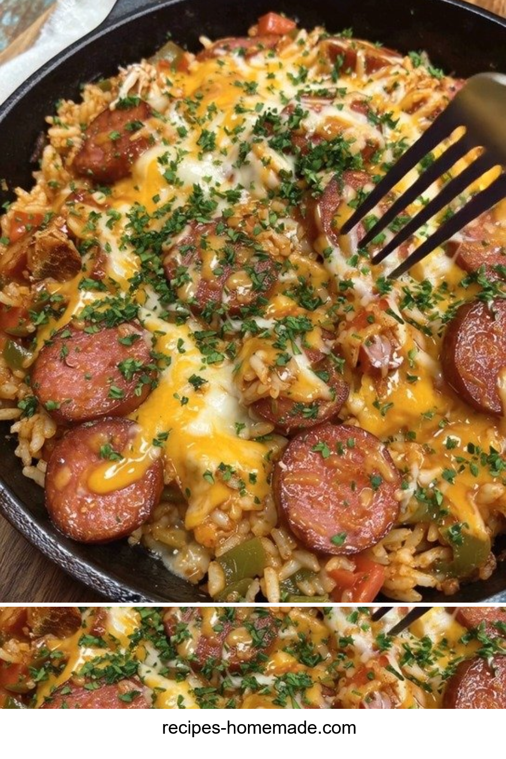 Cheesy Smoked Sausage Rice Skillet