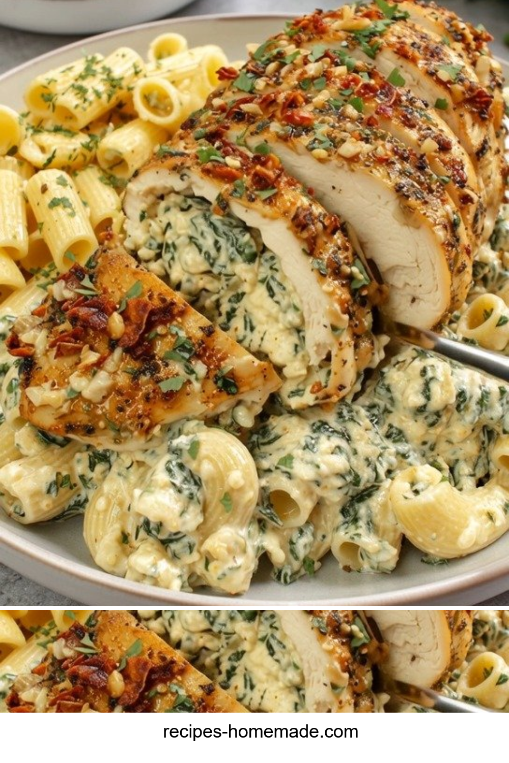 Creamy Stuffed Chicken with Spinach Rigatoni