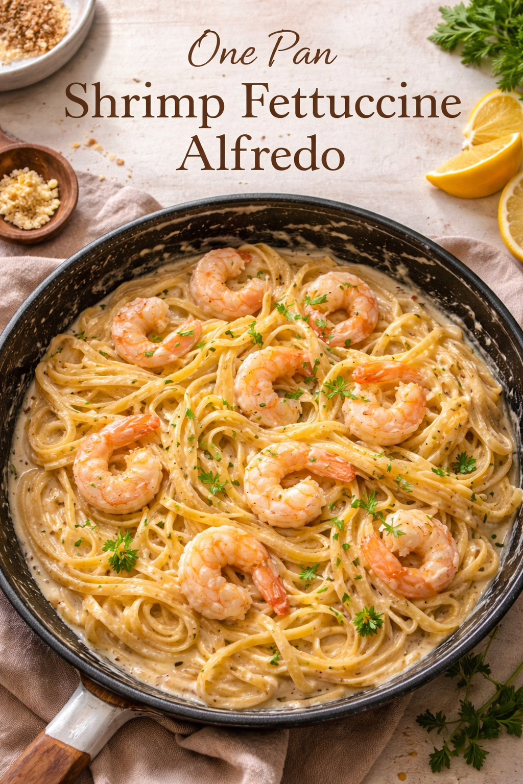 One Pan Shrimp Fettuccine Alfredo