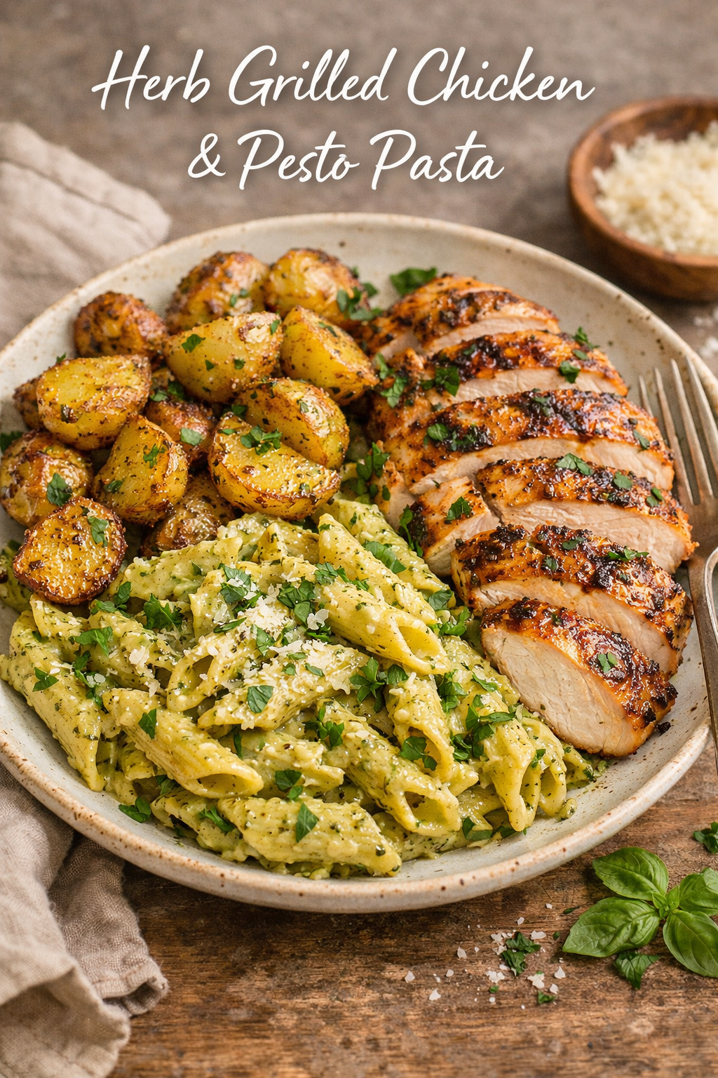 Loaded Herb Grilled Chicken with Creamy Pesto Pasta & Roasted Potatoes