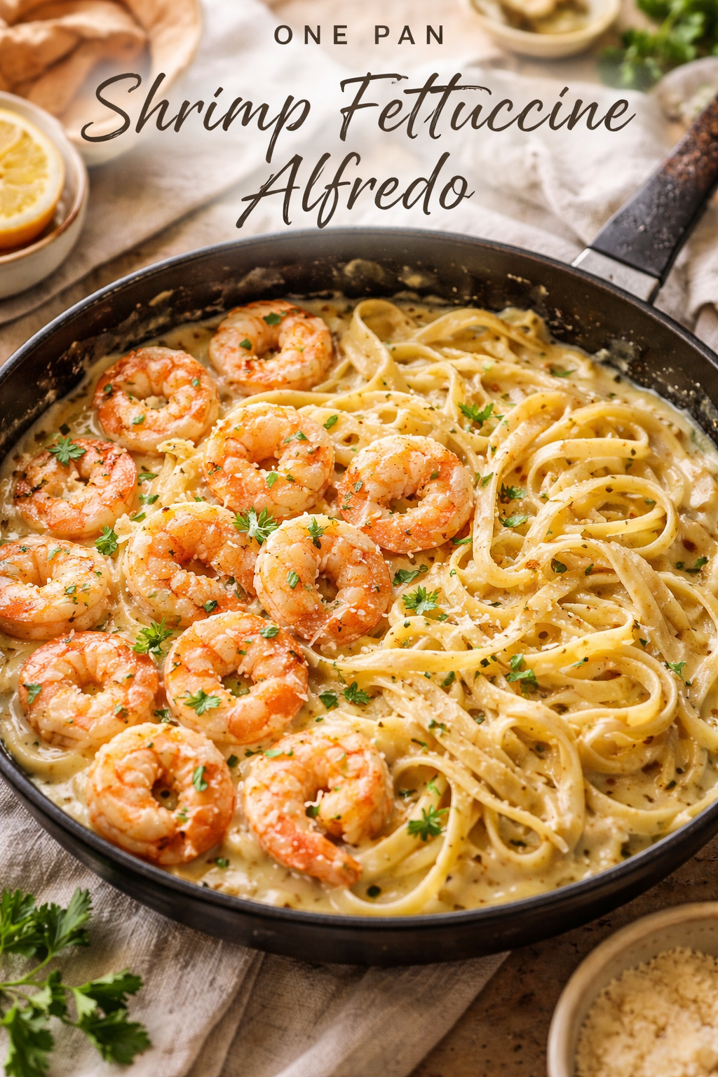 One Pan Shrimp Fettuccine Alfredo