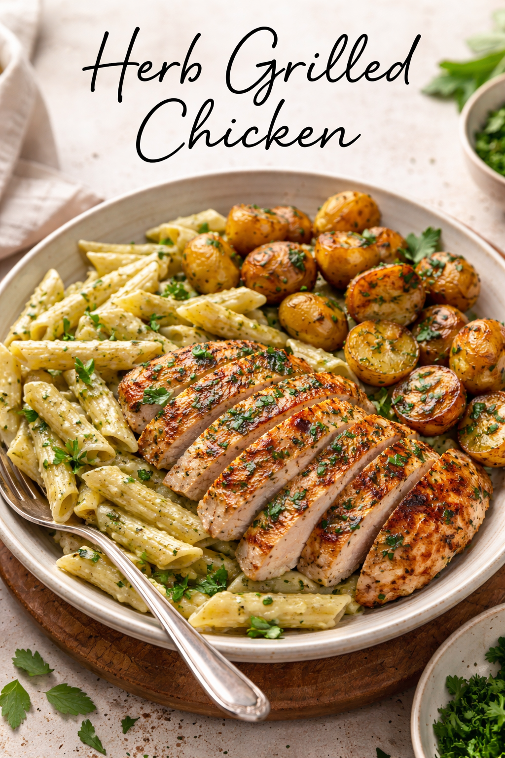 Loaded Herb Grilled Chicken with Creamy Pesto Pasta & Roasted Potatoes