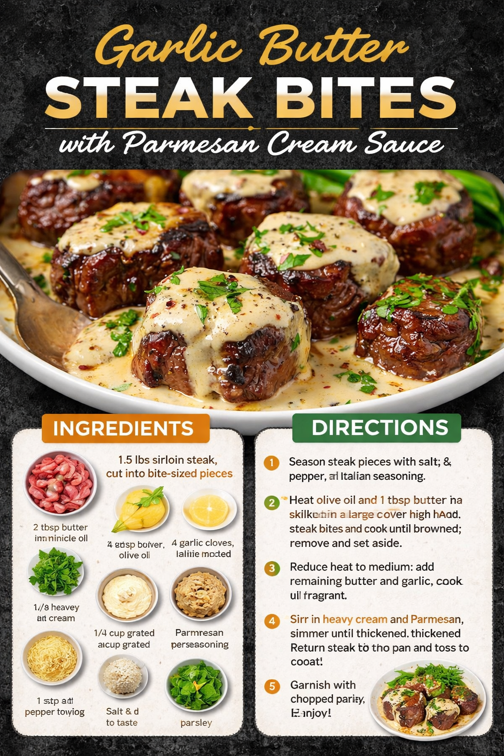 Garlic Butter Steak Bites with Parmesan Cream Sauce