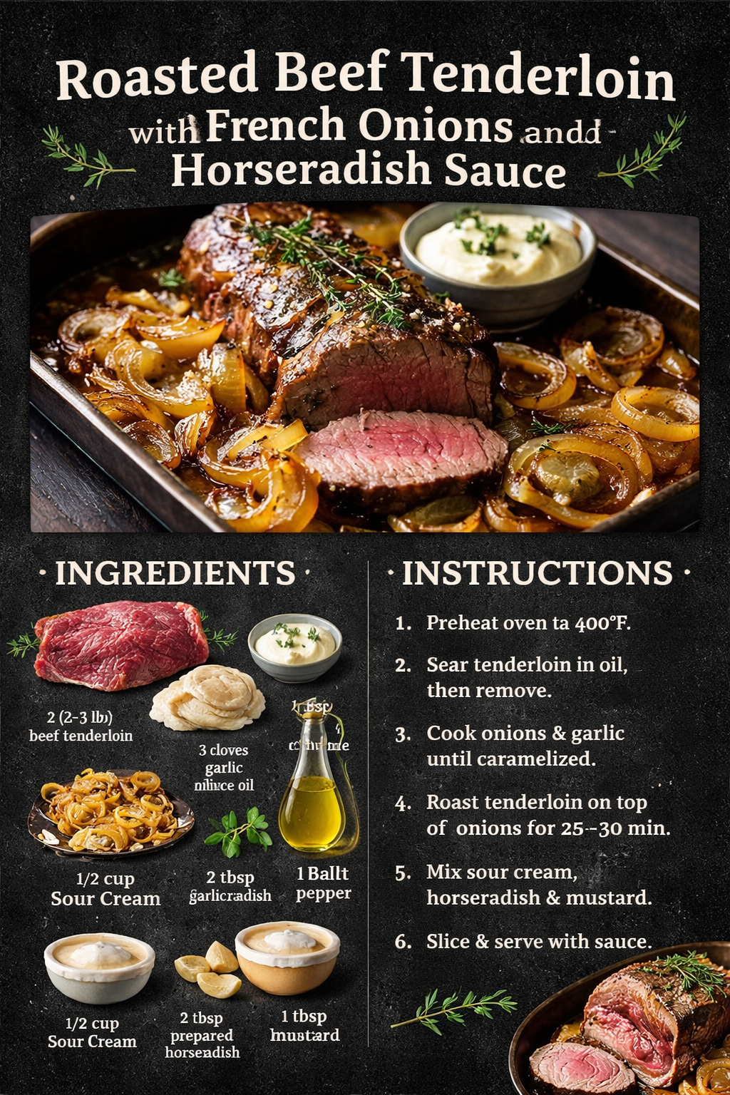Roasted Beef Tenderloin with French Onions and Horseradish Sauce