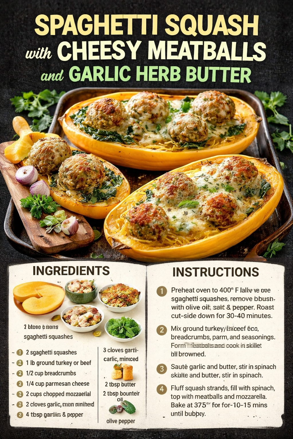 Spaghetti Squash with Cheesy Meatballs and Garlic Herb Butter