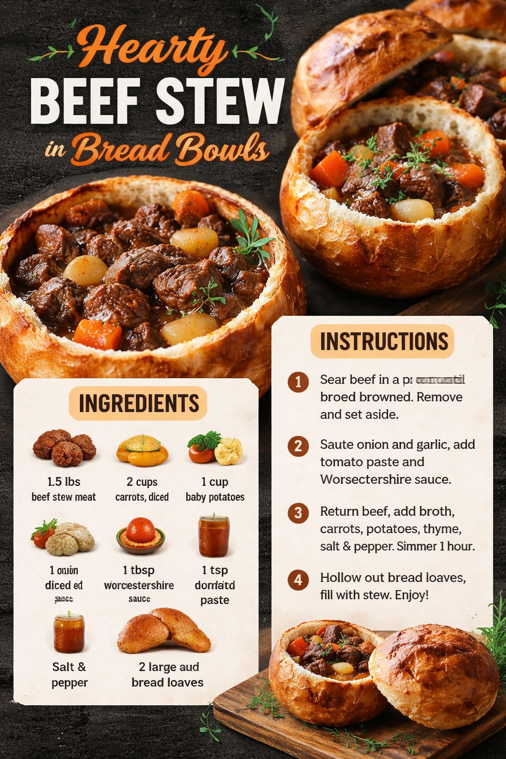 Hearty Beef Stew in Bread Bowls