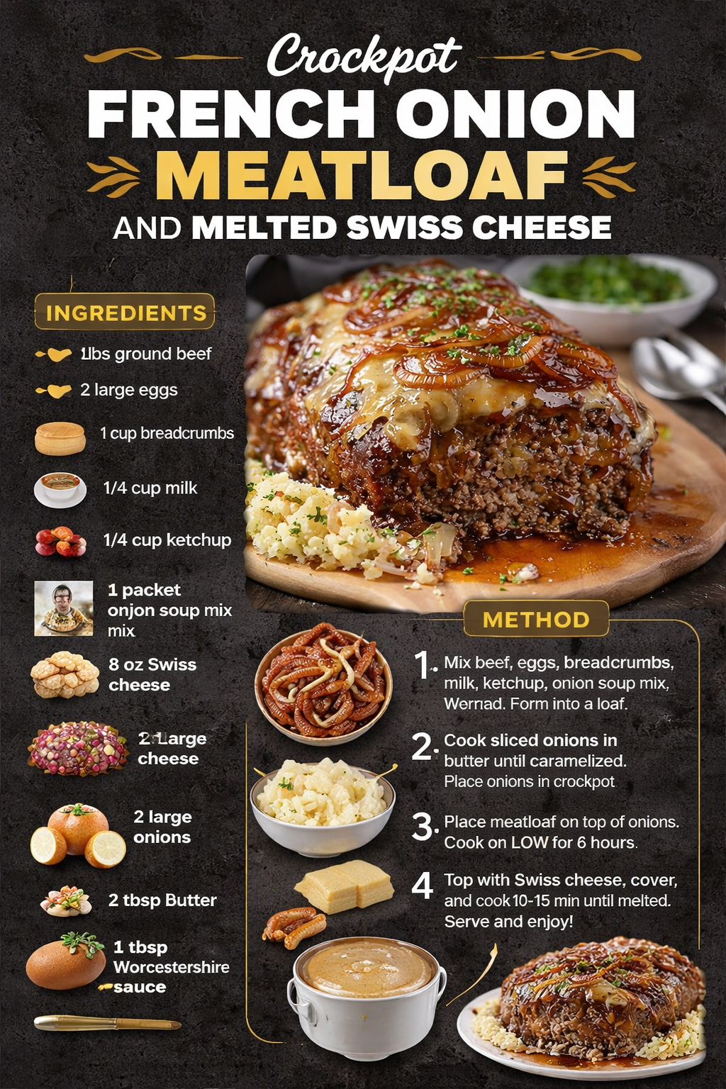 Crockpot French Onion Meatloaf and Melted Swiss Cheese