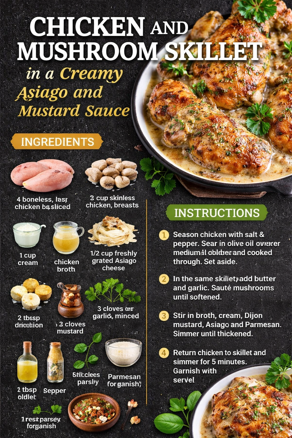 Chicken and Mushroom Skillet in a Creamy Asiago and Mustard Sauce