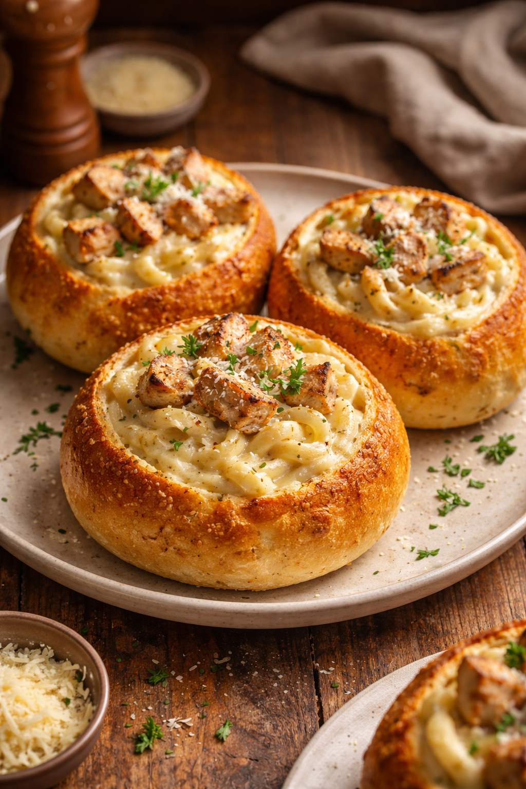Chicken Alfredo Garlic Bread Bowls
