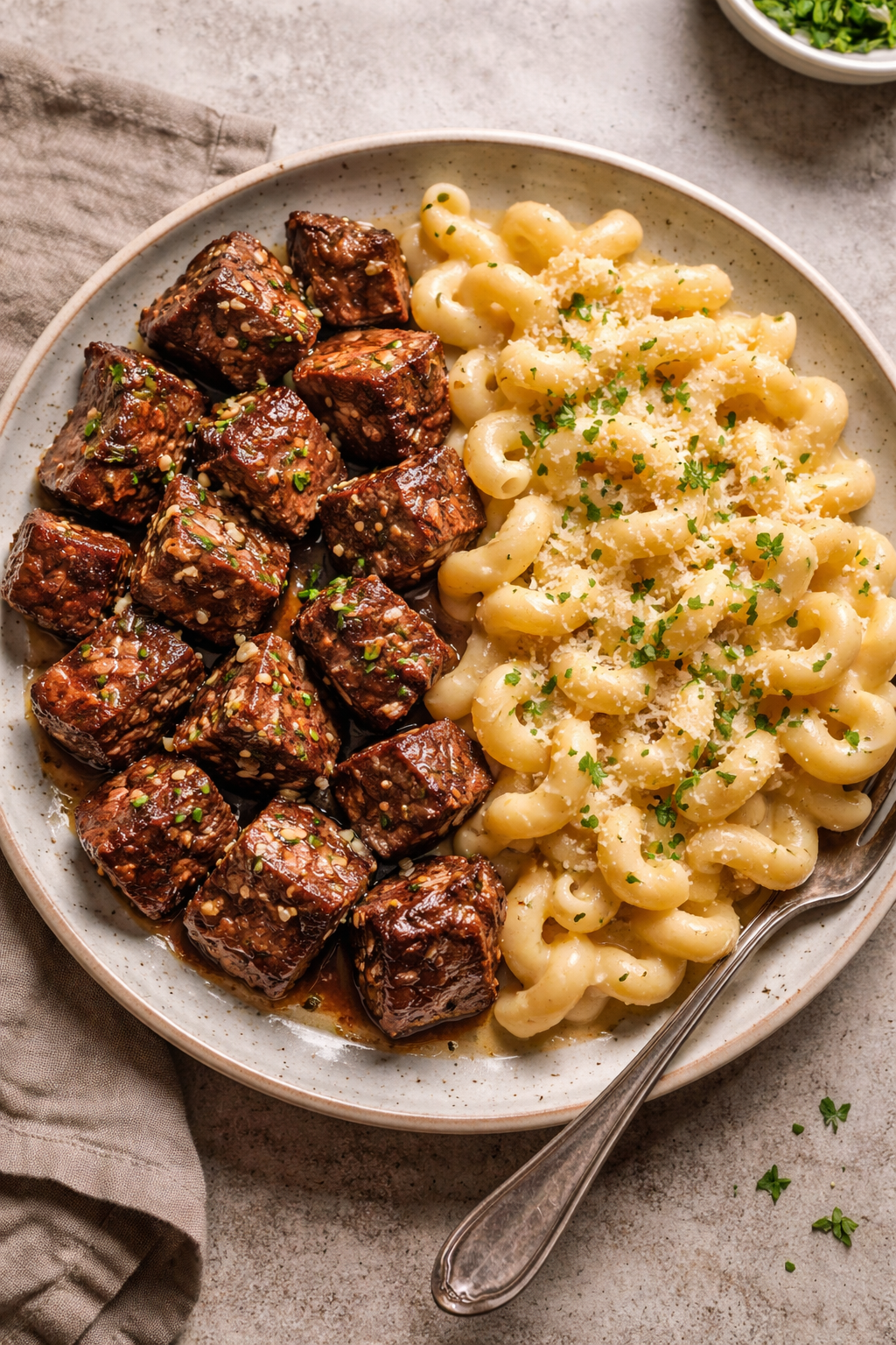 Garlic Butter Steak Bites with Creamy Parmesan Pasta